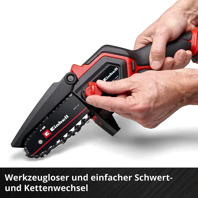 Einhell Power X-Change 18V Einhand-Akku-Kettensäge GE-PS 18/15 Li Holster Kit - 18 V, Li-Ionen, Ohne Akku, Schwertlänge: 15,8 cm - Rot-schwarze Einhell Mini-Kettensäge, Hände verstellen werkzeuglose Kettenspannung.