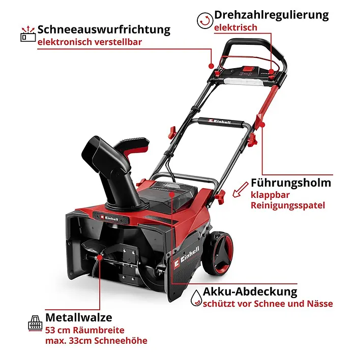 Einhell Professional Power X-Change 18V Akku-Schneefräse - Ohne Akku, Arbeitsbreite: 53 cm, Arbeitshöhe: 33 cm - Rot-schwarze Elektroschneefräse mit elektronisch verstellbarem Auswurf, klappbarem Griff und Metallwalze.
