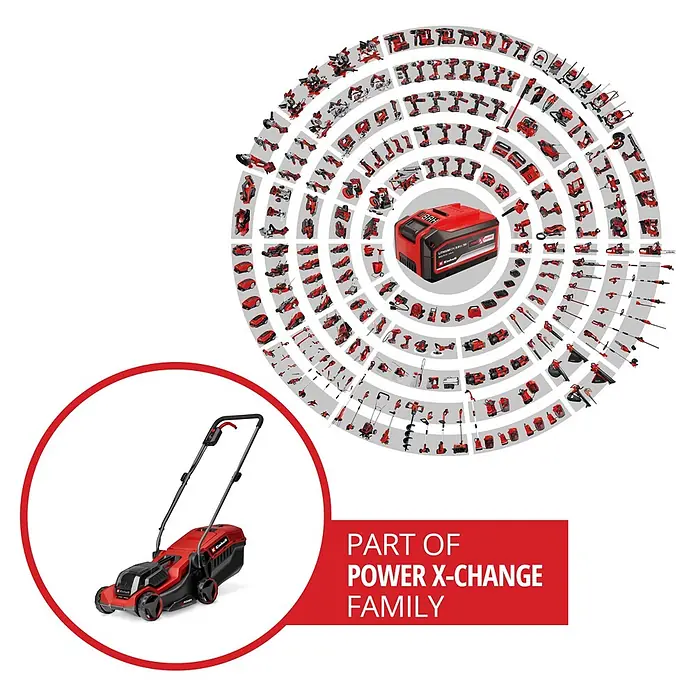 Einhell Power X-Change 18V Akku-Rasenmäher GE-CM 18/30-1 Li BL - 18 V, Ohne Akku, Schnittbreite: 30 cm - Rot-schwarzer Einhell Rasenmäher, Teil der Power X-Change Werkzeugfamilie mit gemeinsamem Akkusystem.