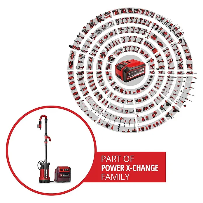 Einhell Power X-Change 18V Akku-Regenfasspumpe GE-PP 36 RB-A Li-Solo - Max. Fördermenge: 4.500 l/h - Rot-schwarze Einhell Tauchpumpe mit angeschlossenem Power X-Change Akku.
