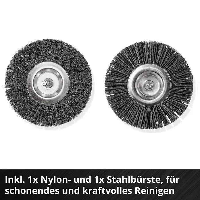 Einhell Power X-Change 18V Akku-Fugenreiniger GE-CC 18/110 Li E - 18 V - Zwei kreisförmige Bürstenaufsätze: eine Nylonbürste, eine Stahlbürste, für schonendes und kraftvolles Reinigen.