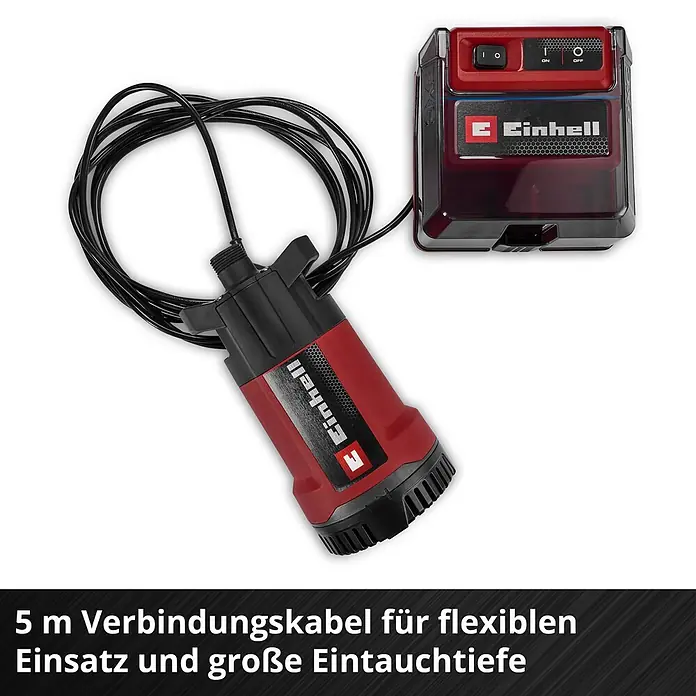 Einhell Power X-Change 18V Akku-Regenfasspumpe GE-PP 36 RB-A Li-Solo - Max. Fördermenge: 4.500 l/h - Rote und schwarze Tauchpumpe mit 5m Kabel und Steuerbox für flexiblen Einsatz.