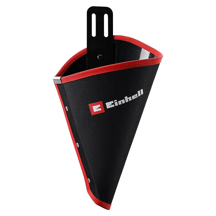 Einhell Power X-Change 18V Einhand-Akku-Kettensäge GE-PS 18/15 Li Holster Kit - 18 V, Li-Ionen, Ohne Akku, Schwertlänge: 15,8 cm - Schwarzes Stoff-Werkzeugholster mit rotem Rand und schwarzem Metall-Gürtelclip, mit „Einhell“-Logo.