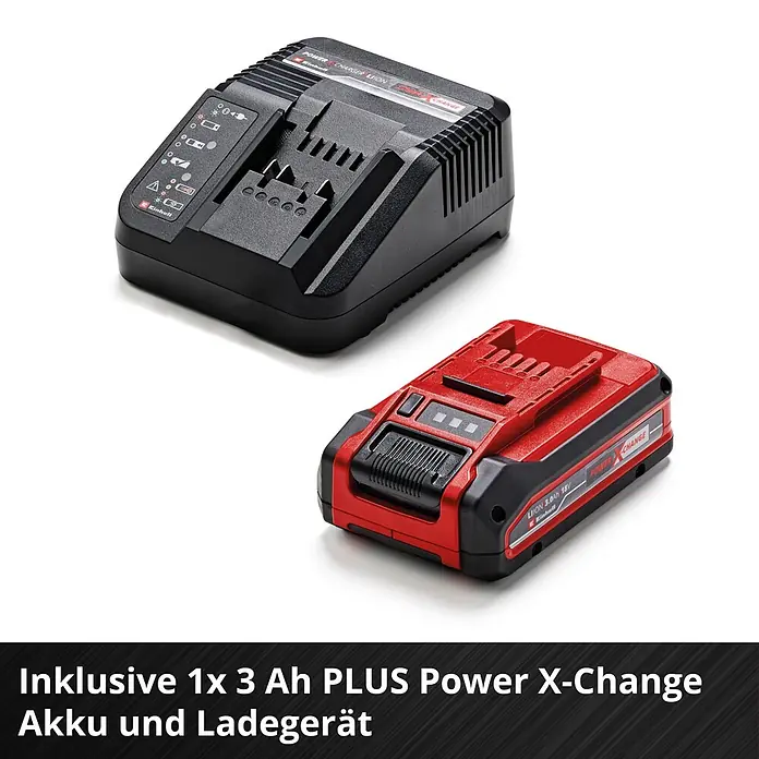 Einhell Power X-Change 18V Akku-Rasenmäher GE-CM 18/30-1 Li BL - 18 V, 1 Akku, 3 Ah, Schnittbreite: 30 cm - Rote und schwarze Einhell Power X-Change 3,0 Ah 18V Li-Ion Akku mit einem schwarzen Einhell Power X-Change Ladegerät.