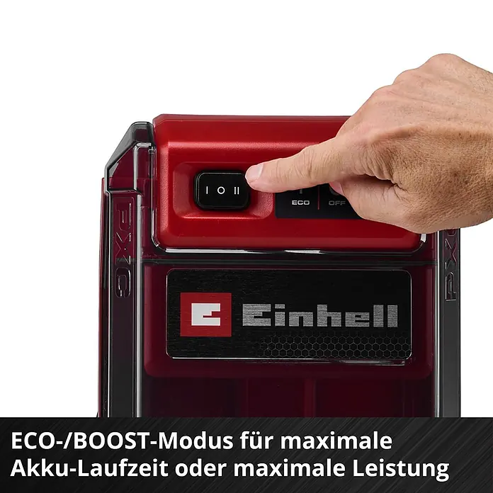 Einhell Power X-Change 18V Schmutzwasserpumpe GE-DP 36/35 LL Li-Solo - 36 V, Max. Fördermenge: 14.000 l/h - Rotes und schwarzes Einhell Akku-/Ladegerät; eine Hand wählt den ECO/BOOST-Modus für optimierte Leistung oder Akkulaufzeit.