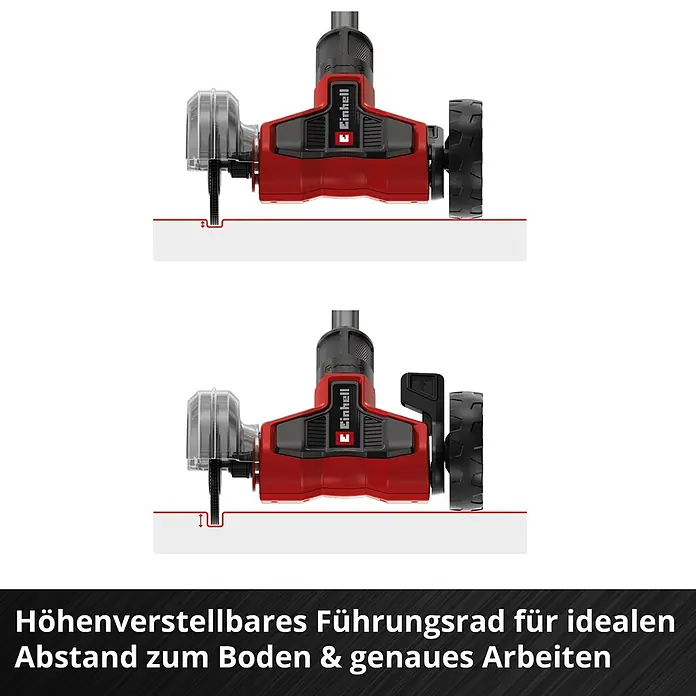 Einhell Power X-Change 18V Akku-Fugenreiniger GE-CC 18/110 Li E - 18 V - Rotes und schwarzes Werkzeug mit höhenverstellbarem Führungsrad, das die Schnitttiefe demonstriert. Ermöglicht präzises Arbeiten.