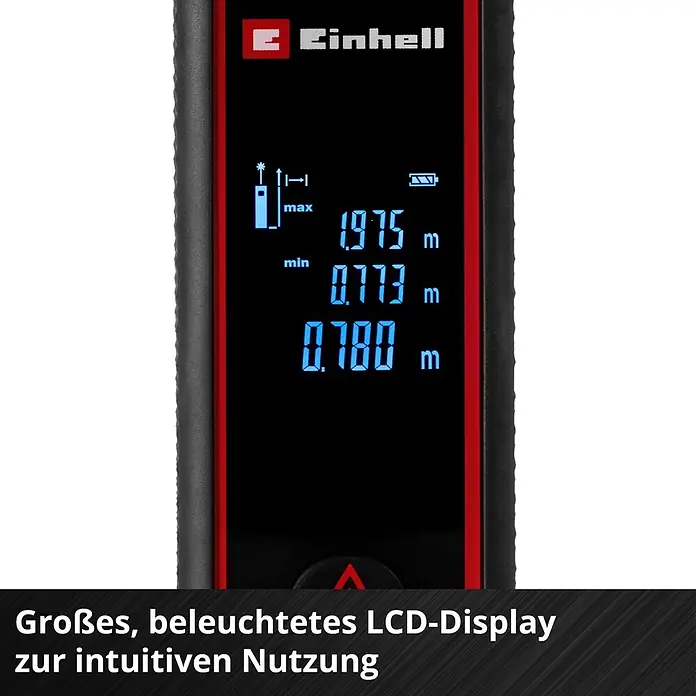 Einhell Laserentfernungsmesser TC-LD 40 R - Messbereich: 0,05 - 40 m, Ohne Batterien - Einhell-Laserentfernungsmesser mit schwarz-rotem Gehäuse und blau beleuchtetem LCD-Display zeigt Messwerte an.