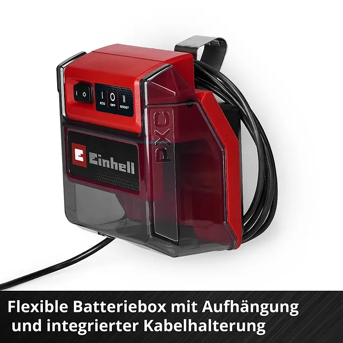 Einhell Power X-Change 18V Schmutzwasserpumpe GE-DP 36/35 LL Li-Solo - 36 V, Max. Fördermenge: 14.000 l/h - Rote und schwarze flexible Batteriebox mit Aufhängung und integrierter Kabelhalterung.