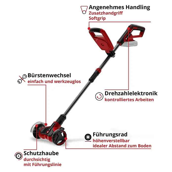 Einhell Power X-Change 18V Akku-Fugenreiniger GE-CC 18/110 Li E - 18 V - Rot-schwarze elektrische Fugenbürste mit verstellbarem Führungsrad, Softgrip-Griff und transparenter Schutzhaube.
