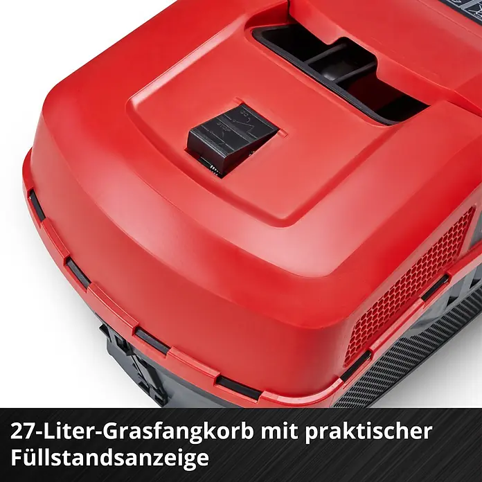 Einhell Power X-Change 18V Akku-Rasenmäher GE-CM 18/32 C Li BL - 18 V, Ohne Akku, Schnittbreite: 32 cm - Roter 27-Liter-Grasfangkorb mit praktischer Füllstandsanzeige.
