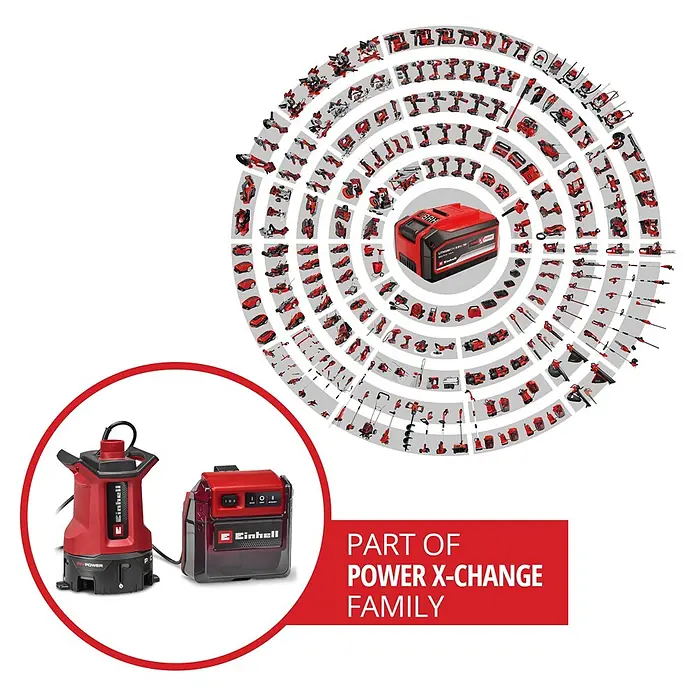 Einhell Power X-Change 18V Schmutzwasserpumpe GE-DP 36/35 LL Li-Solo - 36 V, Max. Fördermenge: 14.000 l/h - Einhell Power X-Change Akku-System mit verschiedenen roten Akku-Werkzeugen. Eine rote Tauchpumpe und ein Akku sind hervorgehoben.