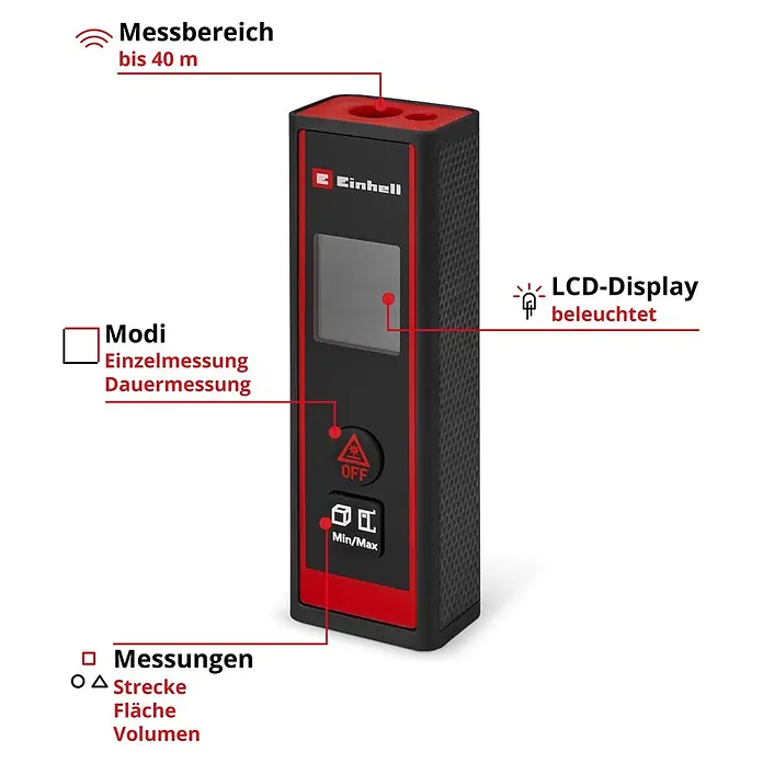 Einhell Laserentfernungsmesser TC-LD 40 R - Messbereich: 0,05 - 40 m, Ohne Batterien - Schwarzer und roter Einhell Laser-Entfernungsmesser mit beleuchtetem LCD-Display für Messungen bis 40 m.