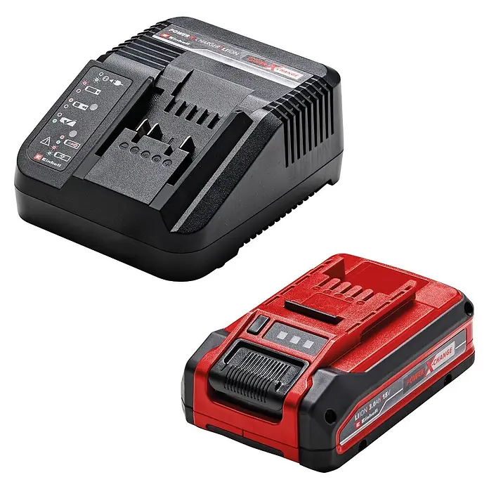 Einhell Power X-Change 18V Akku-Rasenmäher GE-CM 18/30-1 Li BL - 18 V, 1 Akku, 3 Ah, Schnittbreite: 30 cm - Roter und schwarzer wiederaufladbarer Akku für Elektrowerkzeuge neben einem schwarzen Ladegerät für das Einhell Power X-Change System.