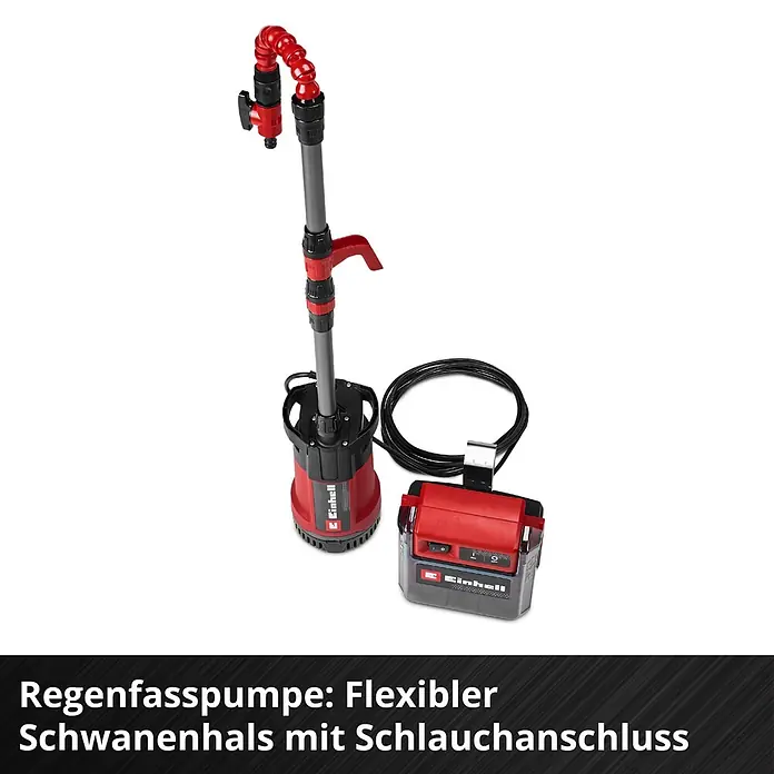 Einhell Power X-Change 18V Akku-Regenfasspumpe GE-PP 36 RB-A Li-Solo - Max. Fördermenge: 4.500 l/h - Rote und schwarze Regenfasspumpe mit flexiblem Schwanenhals, Schlauchanschluss und separater Steuerbox.