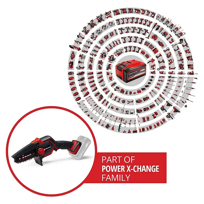 Einhell Power X-Change 18V Einhand-Akku-Kettensäge GE-PS 18/15 Li Holster Kit - 18 V, Li-Ionen, Ohne Akku, Schwertlänge: 15,8 cm - Einhell Power X-Change System: Eine akkubetriebene Mini-Kettensäge und eine kreisförmige Anordnung zahlreicher roter und schwarzer Akku-Werkzeuge und Akkus.