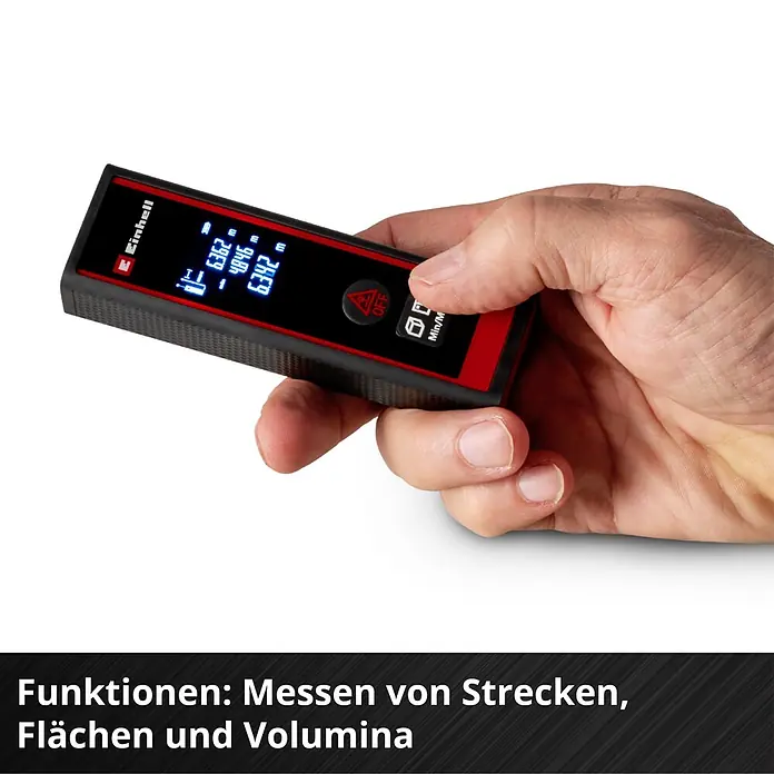 Einhell Laserentfernungsmesser TC-LD 40 R - Messbereich: 0,05 - 40 m, Ohne Batterien - Hand hält schwarzes Einhell Laser-Distanzmessgerät mit roten Akzenten, zeigt Messungen und Tasten für Längen-, Flächen- und Volumenfunktionen.