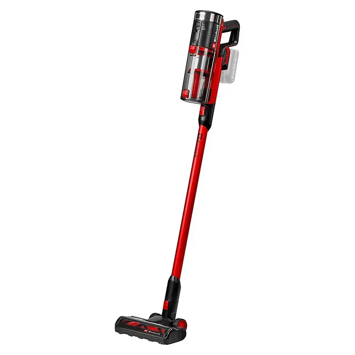 Einhell Power X-Change 18V Akku-Staubsauger TE-SV 18/270 Li BL-Solo - 18 V, Ohne Akku, Behältervolumen: 0,85 l - Roter und schwarzer Akku-Stielstaubsauger mit transparentem Staubbehälter.