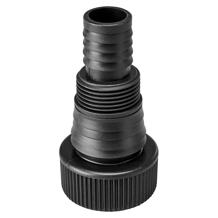 Einhell PXC 18V Schmutzwasserpumpe GE-DP 36/35 LL Li-Solo - 36 V, Max. Fördermenge: 14.000 l/h - Schwarzer konischer Schlauchverbinder aus Kunststoff mit mehreren gerippten Abschnitten für verschiedene Schlauchgrößen und einem geriffelten Boden.