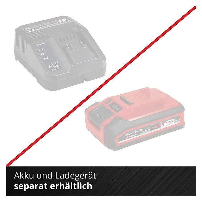Einhell Power X-Change 18V Einhand-Akku-Kettensäge GE-PS 18/15 Li Holster Kit - 18 V, Li-Ionen, Ohne Akku, Schwertlänge: 15,8 cm - Einhell Power X-Change Akku und Ladegerät, durch rote Linie getrennt, Hinweis: separat erhältlich.