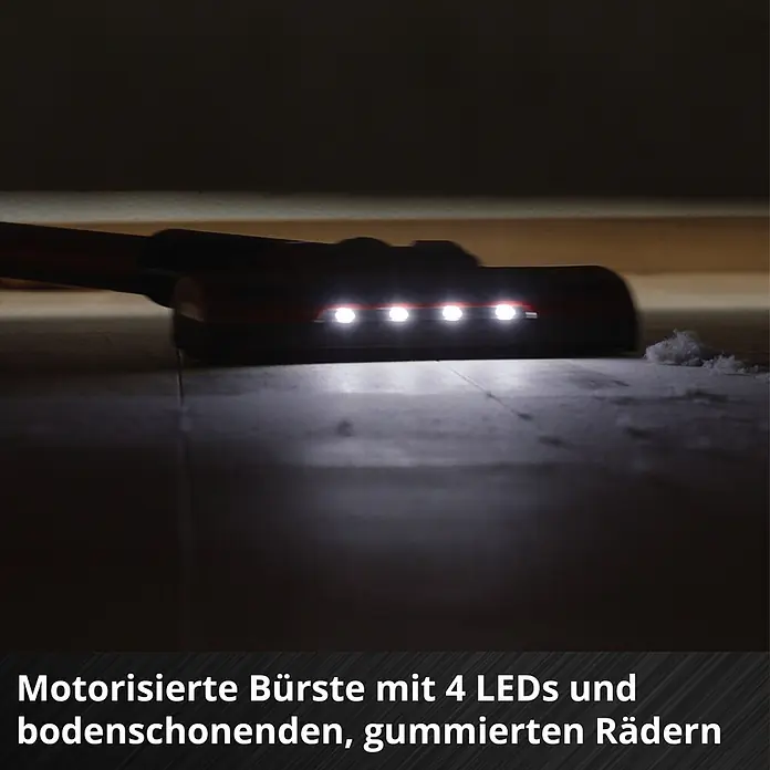 Einhell Power X-Change 18V Akku-Staubsauger TE-SV 18 Li - 18 V, 1 Akku, 4 Ah, Behältervolumen: 0,6 l - Motorisierte Staubsaugerbürste mit 4 hellen LEDs, die Staub auf dunklem Boden beleuchten, und bodenschonenden Gummirädern.