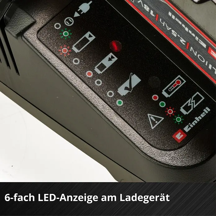 Einhell Power X-Change 18V Akku & Ladegerät Starter-Kit - 18 V, 1 Akku, 5,2 Ah - Nahaufnahme des schwarzen LED-Displays eines Akku-Ladegeräts mit Ladezustands-, Temperatur- und Warnanzeigen in Rot und Grün.