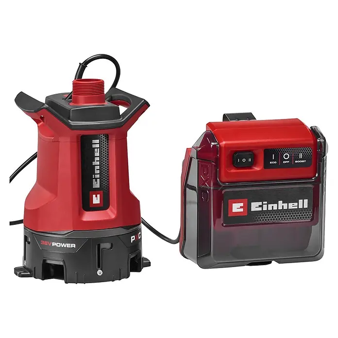 Einhell Power X-Change 18V Schmutzwasserpumpe GE-DP 36/35 LL Li-Solo - 36 V, Max. Fördermenge: 14.000 l/h - Rote und schwarze Einhell Tauchpumpe mit separater Akku-Steuereinheit.