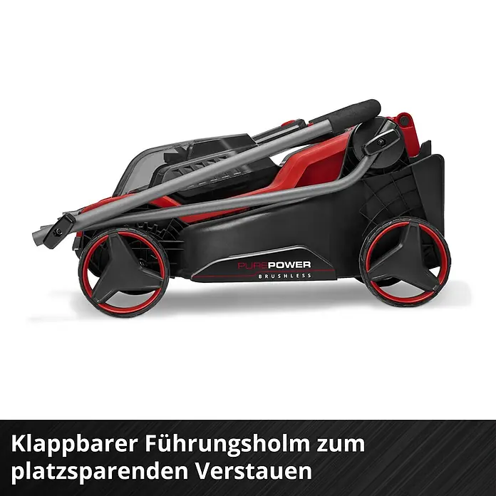 Einhell Power X-Change 18V Akku-Rasenmäher GE-CM 18/30-1 Li BL - 18 V, 1 Akku, 3 Ah, Schnittbreite: 30 cm - Rot-schwarzer Rasenmäher mit klappbarem Führungsholm, zur platzsparenden Aufbewahrung zusammengeklappt.