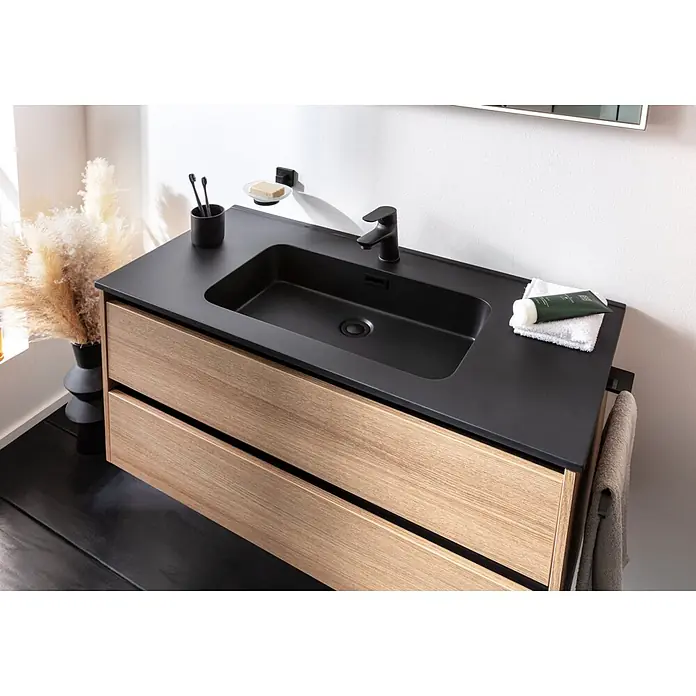 Fackelmann Vita Einbauwaschbecken - 101 x 46,5 cm, Hahnloch: Mitte, Mit Überlauf, Schwarz - Moderner schwarzer Waschtisch mit integriertem Becken und hellen Holzschubladen für ein stilvolles Bad.
