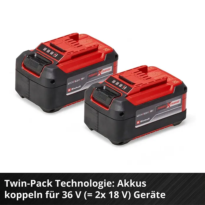 Einhell Power X-Change 18V Akku & Ladegerät Starter-Kit - 18 V, 1 Akku, 5,2 Ah - Zwei rot-schwarze Einhell Power X-Change 18V 5.2Ah Akkus, die als Twin-Pack 36V Geräte versorgen.