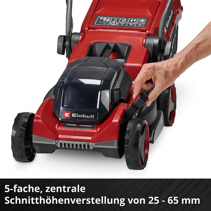 Einhell Power X-Change 18V Akku-Rasenmäher GE-CM 18/32 C Li BL - 18 V, Ohne Akku, Schnittbreite: 32 cm - Roter Einhell Rasenmäher mit einer Hand, die die 5-fache zentrale Schnitthöhe von 25-65 mm einstellt.