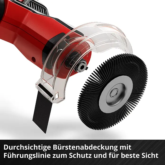 Einhell Power X-Change 18V Akku-Fugenreiniger GE-CC 18/110 Li E - 18 V - Rotes Elektrowerkzeug mit transparenter Bürstenabdeckung, schwarzer Führungslinie und rotierendem Bürstenaufsatz.