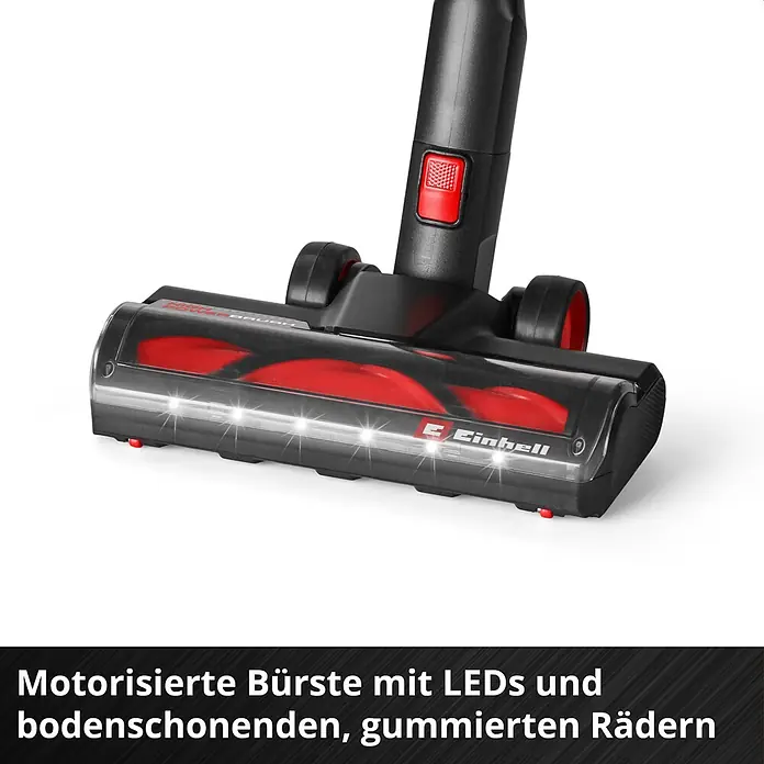 Einhell Power X-Change 18V Akku-Staubsauger TE-SV 18/270 Li BL-Solo - 18 V, Ohne Akku, Behältervolumen: 0,85 l - Schwarzer und roter motorisierter Bürstenkopf mit LEDs und bodenschonenden, gummierten Rädern.