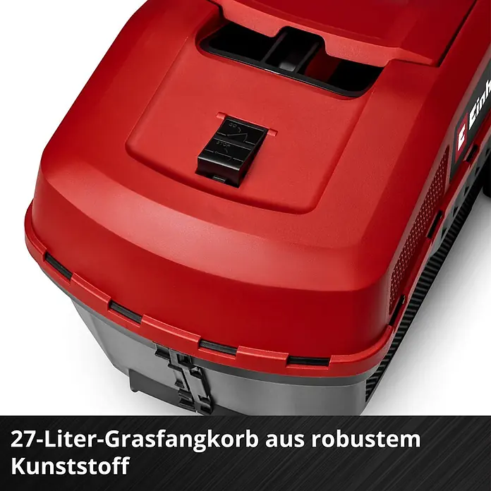 Einhell Power X-Change 18V Akku-Rasenmäher GE-CM 18/30-1 Li BL - 18 V, Ohne Akku, Schnittbreite: 30 cm - Roter und grauer 27-Liter-Grasfangkorb aus robustem Kunststoff für einen Rasenmäher.