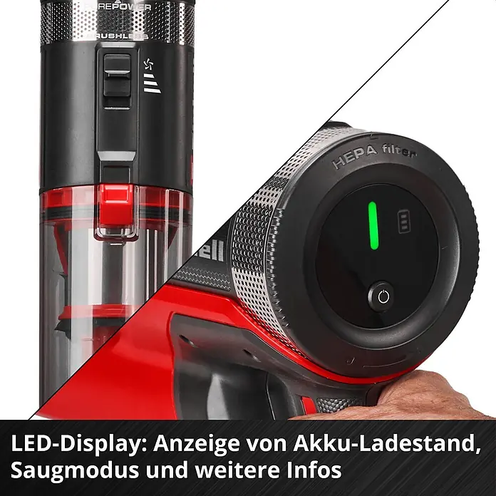 Einhell Power X-Change 18V Akku-Staubsauger TE-SV 18/270 Li BL-Solo - 18 V, Ohne Akku, Behältervolumen: 0,85 l - Rot-schwarzer Akku-Staubsauger mit LED-Display für Akkustand und Saugmodus.