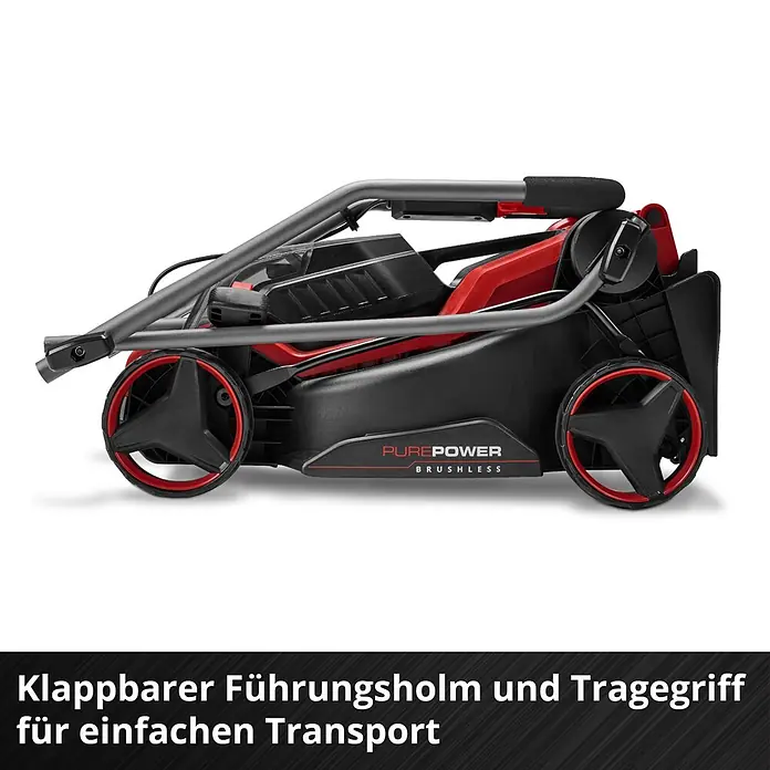 Einhell Power X-Change 18V Akku-Rasenmäher GE-CM 18/32 C Li BL - 18 V, Ohne Akku, Schnittbreite: 32 cm - Gefalteter schwarz-roter Elektrorasenmäher mit grauem Griff und roten Akzenten, bereit für einfachen Transport.