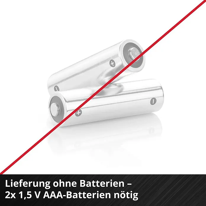 Einhell Laserentfernungsmesser TC-LD 40 R - Messbereich: 0,05 - 40 m, Ohne Batterien - Zwei silberne AAA-Batterien mit rotem Strich durchgestrichen. 2x 1,5 V AAA-Batterien sind nicht enthalten und werden benötigt.