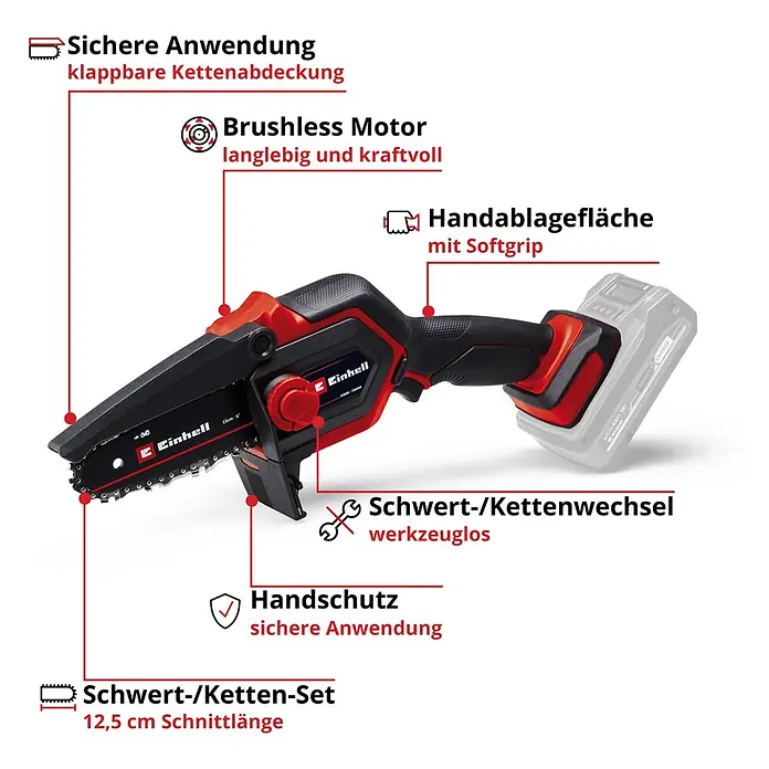 Einhell Power X-Change 18V Einhand-Akku-Kettensäge GE-PS 18/15 Li Holster Kit - 18 V, Li-Ionen, Ohne Akku, Schwertlänge: 15,8 cm - Eine rot-schwarze Akku-Minikettensäge mit Softgrip-Griff, bürstenlosem Motor, klappbarem Kettenschutz und 12,5 cm Schnittlänge.