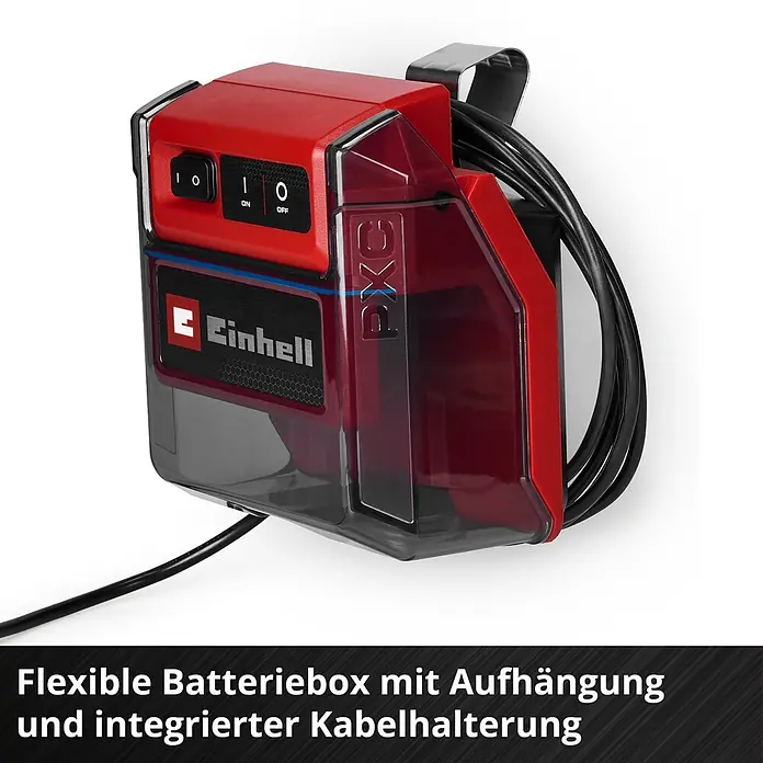 Einhell Power X-Change 18V Akku-Regenfasspumpe GE-PP 36 RB-A Li-Solo - Max. Fördermenge: 4.500 l/h - Flexible rote Batteriebox mit transparenter Abdeckung, Aufhängung und integrierter Kabelhalterung.