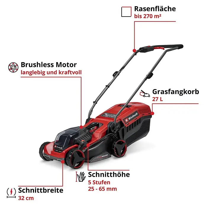 Einhell Power X-Change 18V Akku-Rasenmäher GE-CM 18/32 C Li BL - 18 V, Ohne Akku, Schnittbreite: 32 cm - Roter/schwarzer Einhell Akku-Rasenmäher, Features: bürstenloser Motor, 270m² Rasen, 27L Fangkorb, 32cm Schnittbreite, 5-fach Schnitthöhe (25-65mm).