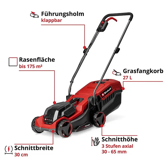 Einhell Power X-Change 18V Akku-Rasenmäher GE-CM 18/30-1 Li BL - 18 V, Ohne Akku, Schnittbreite: 30 cm - Einhell Akku-Rasenmäher in Rot-Schwarz mit 30 cm Schnittbreite, 27 L Grasfangkorb, klappbarem Holm und Schnitthöhenverstellung 30-65 mm für Flächen bis 175 m².