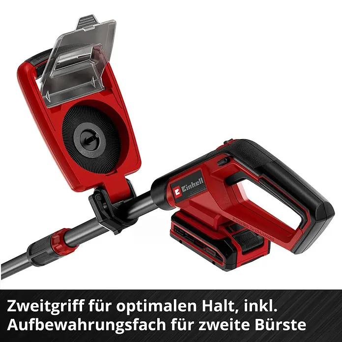 Einhell Power X-Change 18V Akku-Fugenreiniger GE-CC 18/110 Li E - 18 V - Rotes, akkubetriebenes Einhell-Oberflächenreinigungsgerät mit offenem Aufbewahrungsfach für eine Ersatzbürste und ergonomischem Zweitgriff.