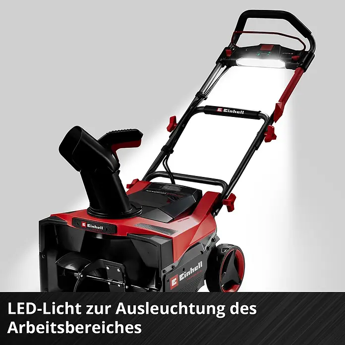 Einhell Professional Power X-Change 18V Akku-Schneefräse - Ohne Akku, Arbeitsbreite: 53 cm, Arbeitshöhe: 33 cm - Rote und schwarze Einhell Schneefräse mit LED-Licht am Griff zur Ausleuchtung des Arbeitsbereichs.