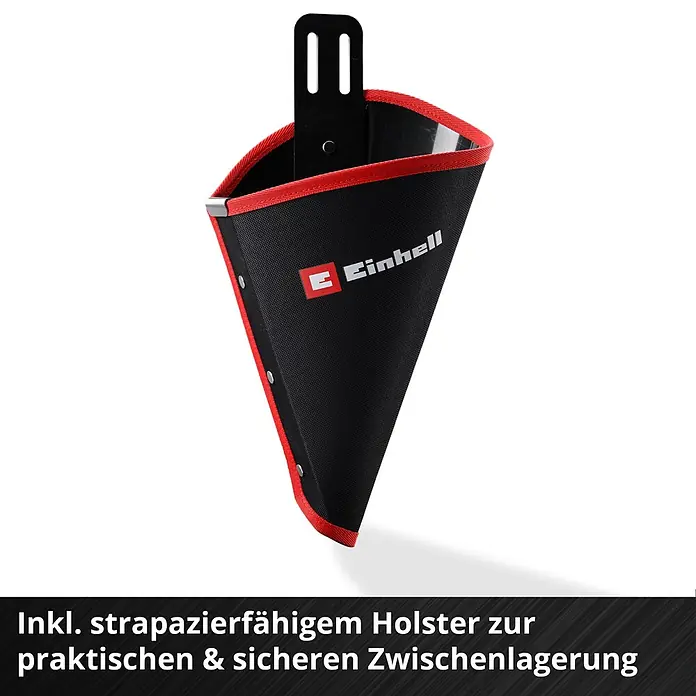 Einhell Power X-Change 18V Einhand-Akku-Kettensäge GE-PS 18/15 Li Holster Kit - 18 V, Li-Ionen, Ohne Akku, Schwertlänge: 15,8 cm - Schwarzes Einhell Werkzeug-Holster mit rotem Rand und Gürtelclip zur sicheren Aufbewahrung.