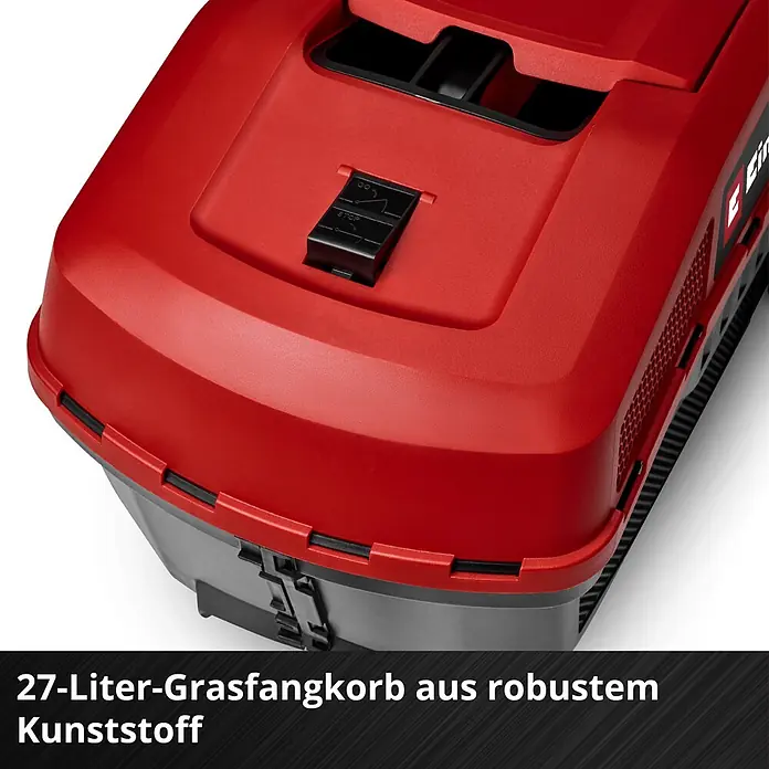 Einhell Power X-Change 18V Akku-Rasenmäher GE-CM 18/30-1 Li BL - 18 V, 1 Akku, 3 Ah, Schnittbreite: 30 cm - Rot-grauer 27-Liter-Grasfangkorb aus robustem Kunststoff.