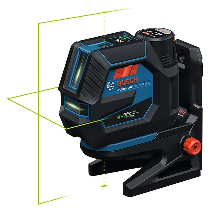 Bosch Professional Kreuzlinienlaser GCL 12V-50-22 CG PRO - 12 V, 1 Akku, Max. Arbeitsbereich: 25 m - Schwarz-blaues Bosch Professional 12V Grünlaser-Nivelliergerät, das horizontale und vertikale Linien projiziert, mit rotem Einstellknopf.