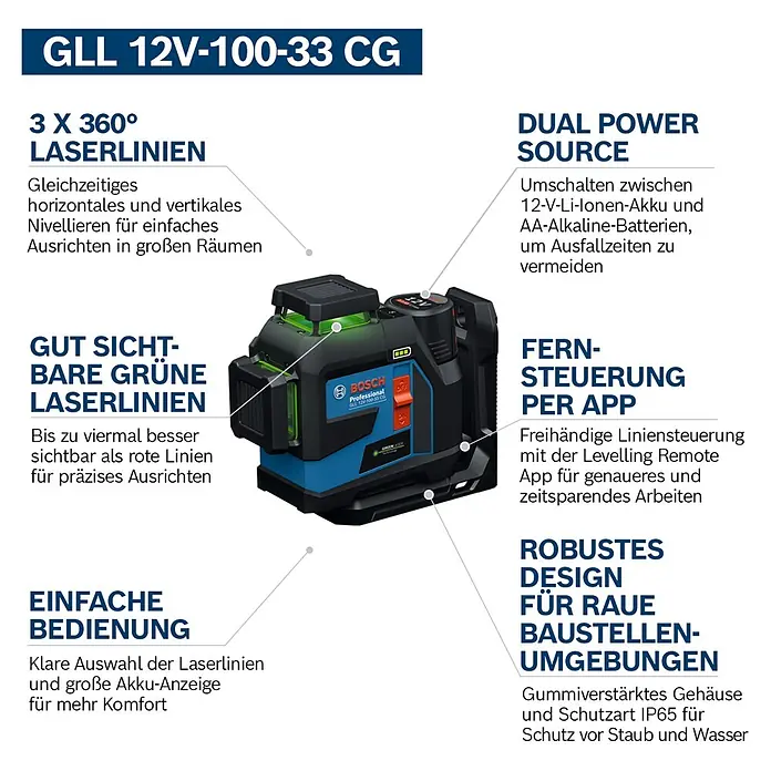 Bosch Professional Linienlaser GLL 12V-100-33 CG PRO - Max. Arbeitsbereich: 30 m - Blau-schwarzer Bosch GLL 12V-100-33 CG Baulaser für präzises Nivellieren mit grünen Linien.