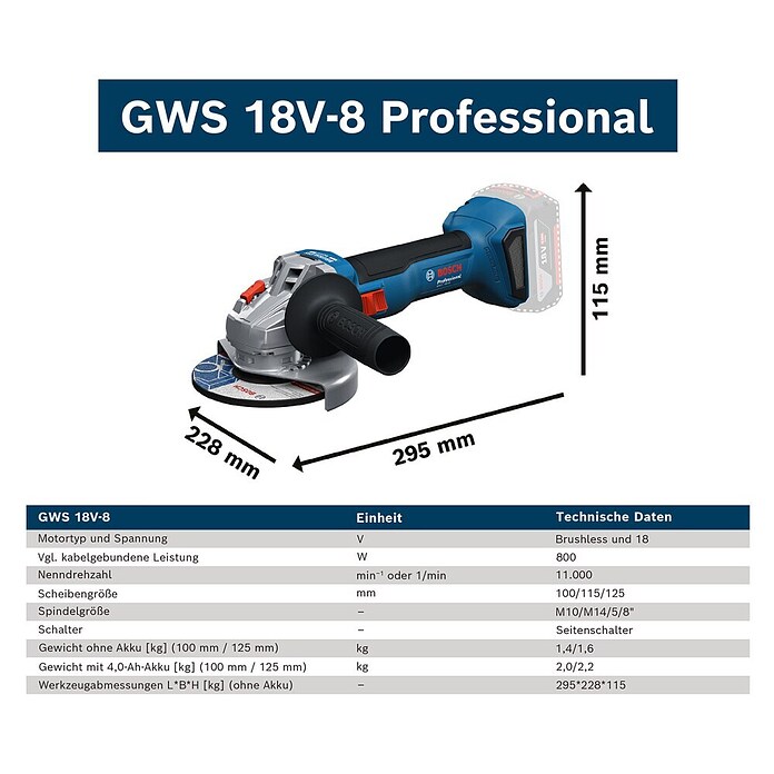 Bosch Professional AMPShare 18V Akku-Winkelschleifer GWS 18V-8 Pro Solo (18 V, Ohne Akku, Durchmesser Scheibe: 125 mm) | BAUHAUS