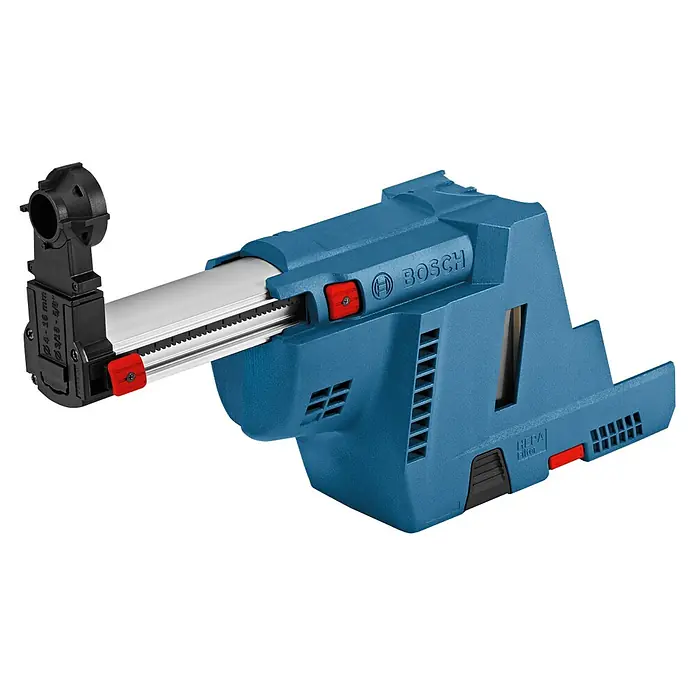 Bosch Professional AMPShare 18V Staubabsaugung GDE 18V-16 PRO - Passend für: GBH 18V-24 C, GBH 18V-26, GBH 18V-26 F, GBH 18V-28 C, GBH 18V-28 CF - Blau-schwarze Bosch Staubabsaugung mit verstellbarem Metallarm für Bohrmaschinen, mit roten Entriegelungstasten und HEPA-Filter.