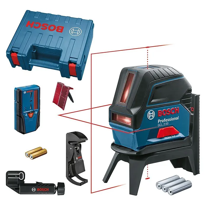 Bosch Professional Kombilaser GCL 2-50+LR6 PRO - Max. Arbeitsbereich mit Empfänger: 50 m - Bosch GCL 2-50 Professional Kombilaser-Set mit Koffer, Empfänger, Zieltafel, Batterien und Montagezubehör, hauptsächlich blau und schwarz.