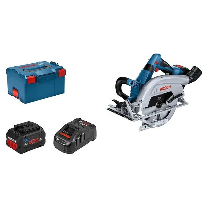 Bosch Professional AMPShare 18V Akku-Handkreissäge GKS 18V-70 L PRO - 18 V, 2 Akkus, Durchmesser Sägeblatt: 190 mm, 5.000 U/min - Bosch Akku-Kreissäge, blaue L-BOXX, 18V ProCORE Akku und Ladegerät für den professionellen Einsatz.